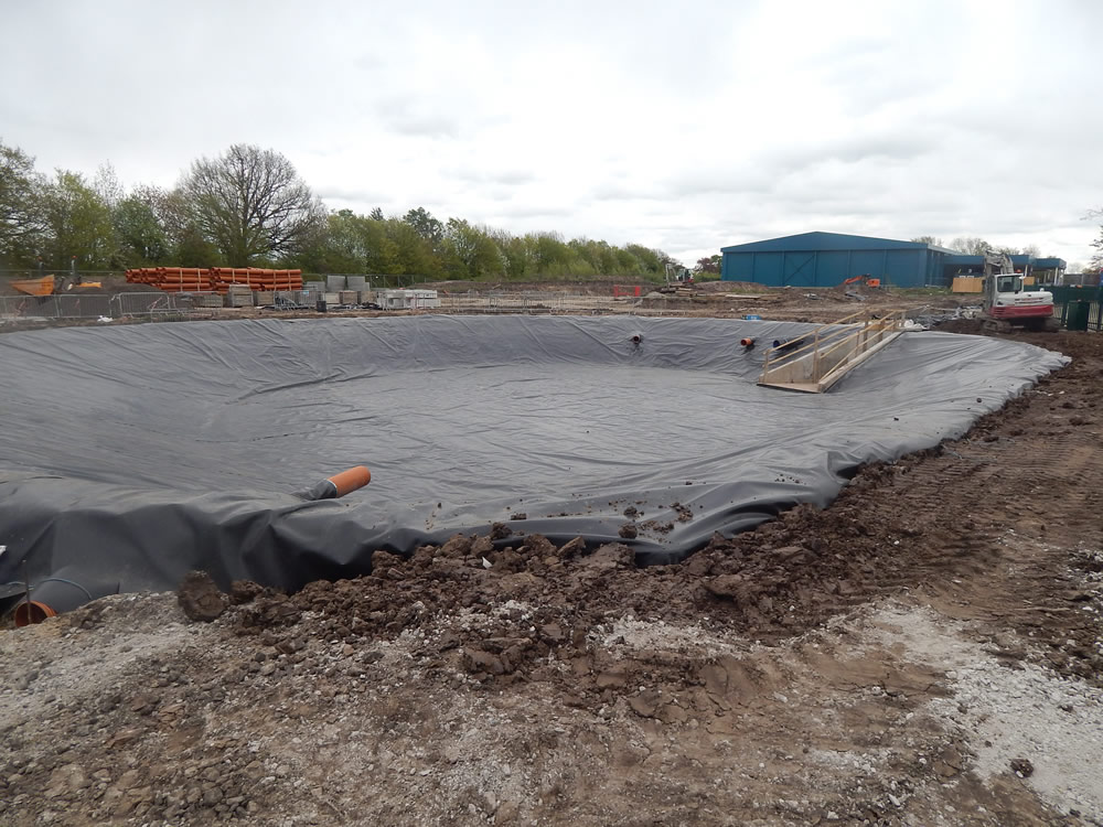 1300 m2 Stormwater lagoon Crewe, Cheshire. Supply & install 1mm LLDPE